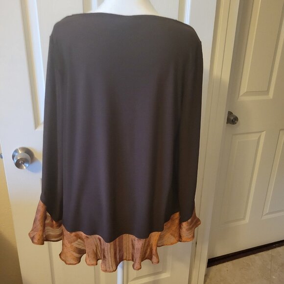 Susan Graver LK Brown/Copper Blouse w/ Bell Sleeve & Ruffle Hem - M - EUC - Picture 2 of 8